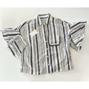 A New Day Striped Button Up Ruffled Bell Sleeves Navy White Office Corporate